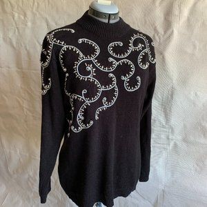 Winter | 🇲🇴 Vintage Ann Wi Sweater, Black w/ Silver Braid & Beads | Large